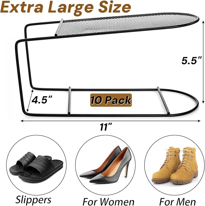 10 Pack Large Shoe Slots Organizer, Metal Shoes Storage Stacker, Double-Layer Shoe Holder, Thickening Shoes Rack, Display Shelf Space Saving 50% for Closet Cabinet Organization(Black)-NeatNest