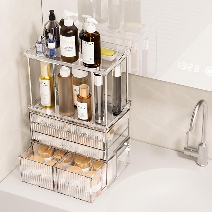 2-Tier 5-Drawer Bathroom Countertop Organizer : Multi-Purpose Makeup Organizer Countertop - Large Skincare Holder Exquisite Vanity Tray - Perfume & Skincare Storage Amber Clear-NeatNest