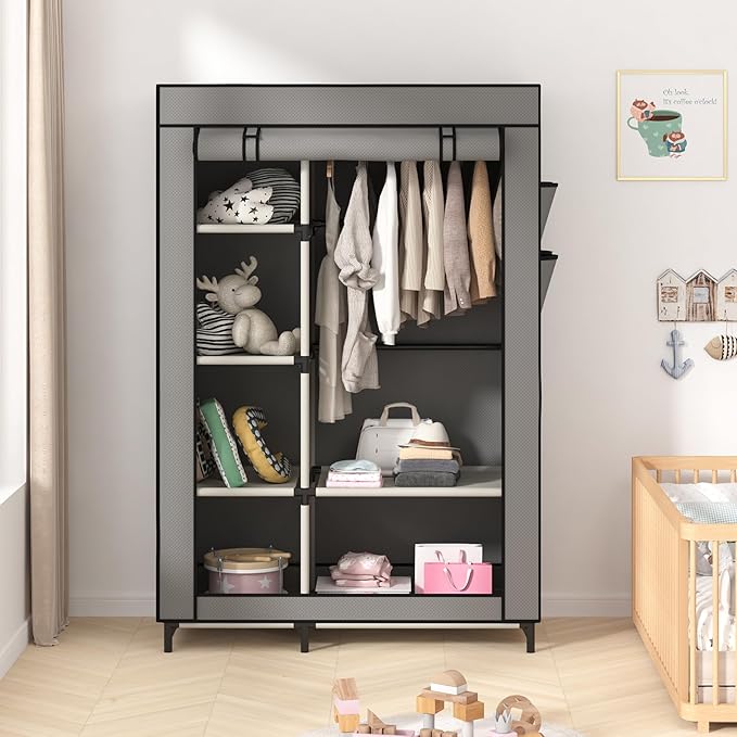 Calmootey Portable Closet Organizers, Clothing Storage, Wardrobe with 6 Shelves and Hanging Rod, Non-Woven Fabric Cover with 4 Side Pockets, Grey-NeatNest