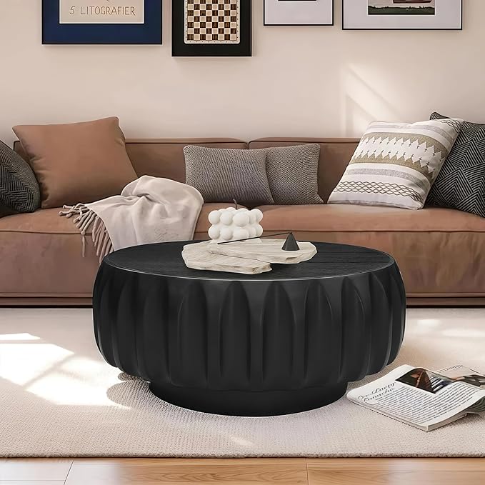 kevinplus 31.5'' Black Round Wood Coffee Table for Living Room, Modern Contemporary Circle Fluted Drum Pedestal Coffee Table, Natural Wood Grain & Easy Assembly, Black