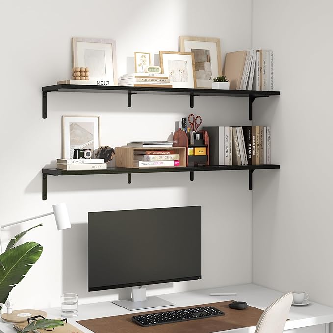 Fun Memories Deep Floating Shelves, 48W x 8D Floating Shelves Set of 2, Wall Mounted Shelf with Metal Brackets, Rustic Wood Wall Shelf for Bathroom, Kitchen and Living Room, Black-NeatNest