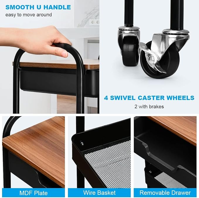 3 Tier Rolling Cart with Drawer, Metal Utility Cart on Wheels Storage Cart with Wood Top, Kitchen Cart Art Cart Organizer for Bathroom Office Balcony Living Room-NeatNest