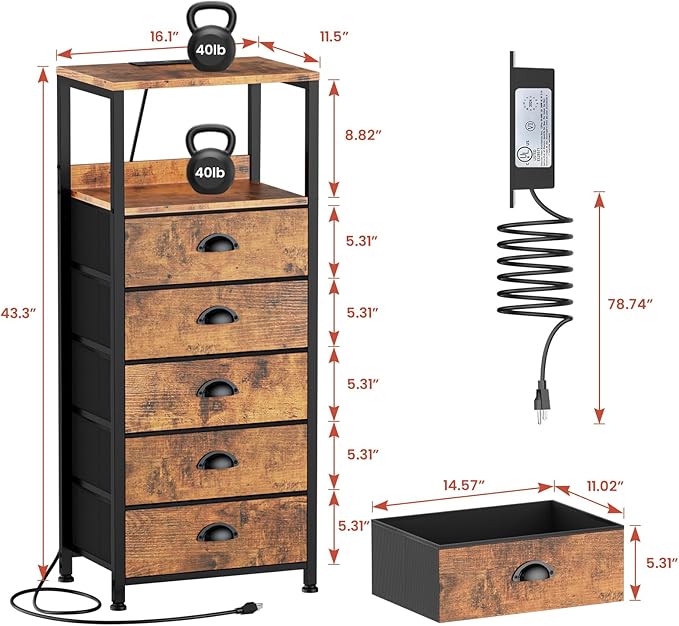5 Drawers Dresser with Charging Station & Voice-Controlled LED Light, Tall Night Stand with 3 Lighting Modes, Bedside Table with Tamper-Resistant Outlets, USB Type C Port, Dresser for Bedroom