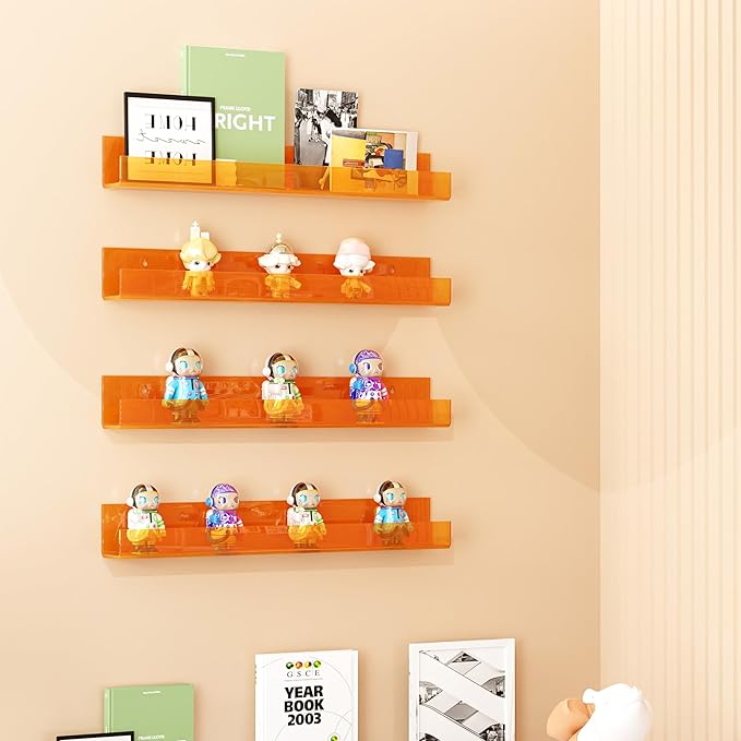4 Pack Acrylic Shelves for Wall Storage,15" Floating Bookshelves for Kids, Display Shelf for Bathroom, Bedroom,Decor, Orange