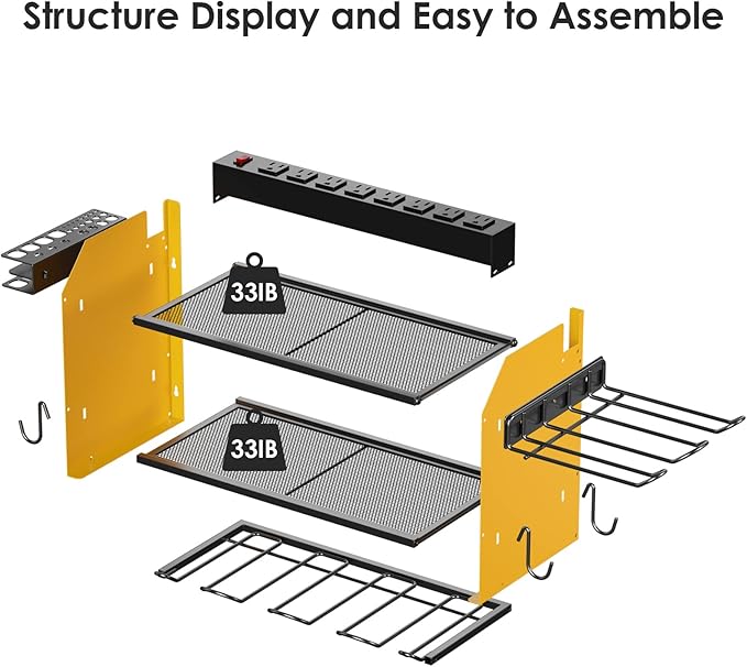 CCCEI Modular Power Tool Organizer Wall Mount Charging Station, Yellow 6 Drills Holder with 8 Plug Power Strip, Garage Drill Battery Heavy Duty Metal Shelf, Utility Rack with Hooks, Side Storage.-NeatNest