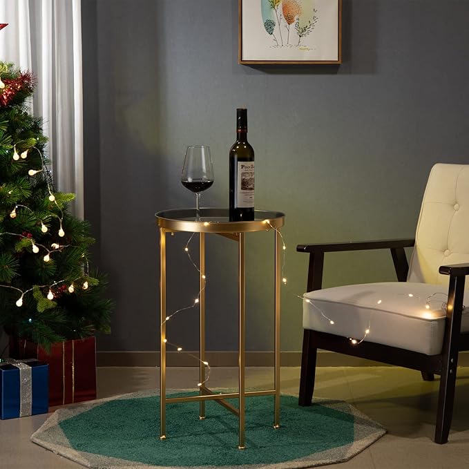 HollyHOME Small Round Metal Waterproof End Table, Accent Indoor&Outdoor Coffee Side Table, Snack Sofa Table for Living Room, Anti-Rust Decorative Plant Stand, (D) 14.5" x (H) 25", Gold/Grey-NeatNest