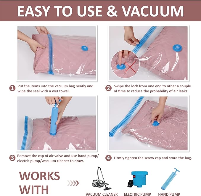 10 Space Saver Vacuum Sealed Storage Bags (2 Jumbo/2 Large/3 Medium/3 Small) with Hand Pump, Seal Bags for Clothing, Comforters, Pillows, Towel, Blanket Storage, Bedding