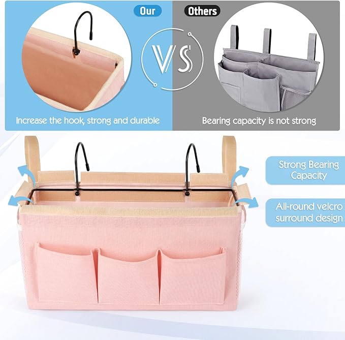 Bedside Storage Caddy/Bedside Hanging Storage Bag for Headboards Bunk Beds Dorm Rooms Book Phone Magazine Holder (New Pink)-NeatNest