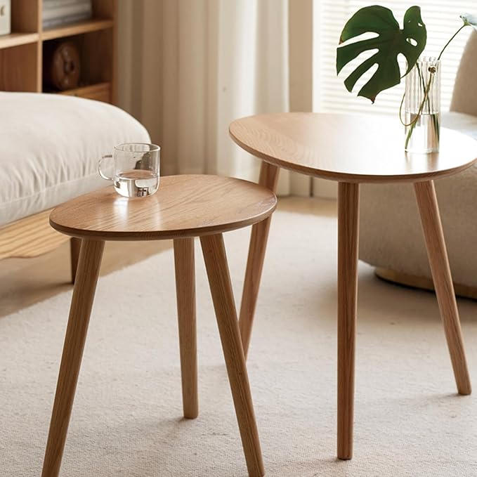 Small Oval Nesting Table, Mid Century Coffee Table for Living Room,Solid Oak Wood End Tables,Triangle Tabletop with 3 Legs,Minimalist Display Living Tables (Original Wood Color, Combine)