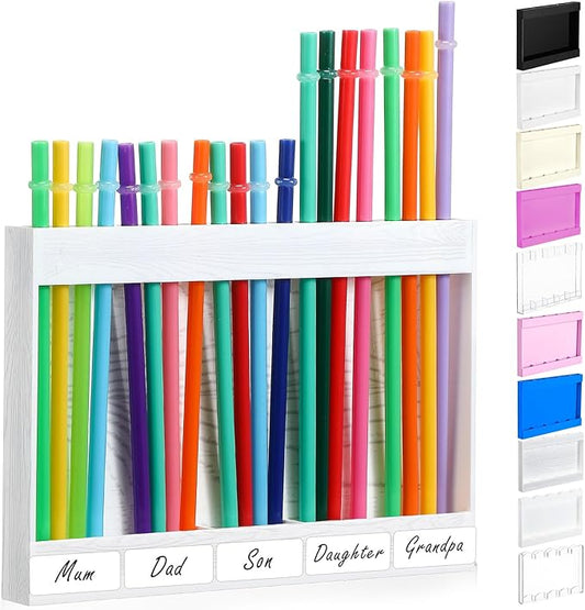 Acrylic Straw Holder for Cabinet Door with Double Sided Adhesive Tape Reusable Straw Organizer Tumbler Storage Kitchen Accessories Container for Counter Cupboard(Wood Texture,Large,White)