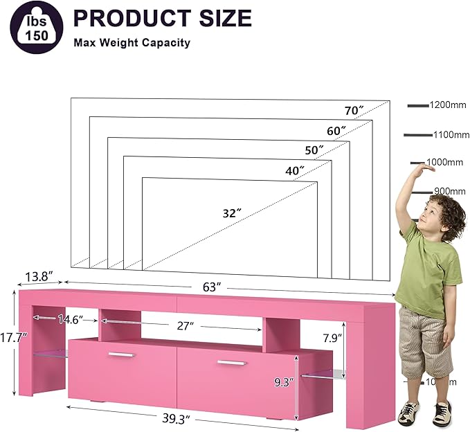 Clikuutory Modern Lighting 63 inch TV Stand with Large Storage Drawer for 50 55 60 65 70 75 Inch TVs, TV Console with 20 Color LED Lights, Entertainment Center Media and Open Shelf for Bedroom, Pink-NeatNest