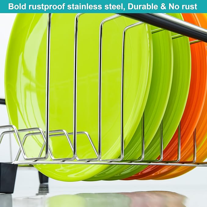 iPEGTOP Expandable Multifunctional Dish Drying Rack, Over The Sink, in Sink Or On Counter Dish Drainer Basket Organizer Shelf with Removable Grey Utensil Silverware Holder, Rustproof Stainless Steel