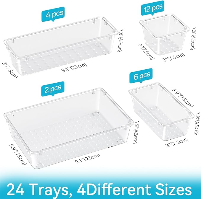 24 PCS Drawer Organizer Set, 4 Sizes Storage Drawer Units, Clear Plastic Makeup Vanity Organizer and Storage Bins for Makeup, Stationeries, Multiple Gadgets for Bathroom, Office, Bedroom-NeatNest