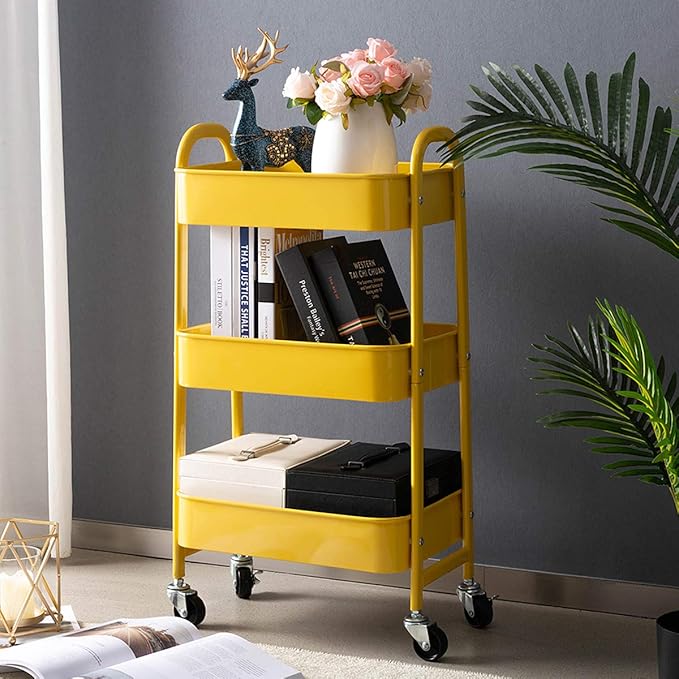 AGTEK Makeup Cart, Movable Rolling Organizer Cart, 3 Tier Metal Utility Cart, Yellow-NeatNest