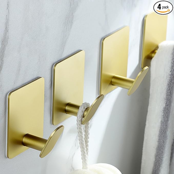 DELITON Gold Towel Hooks- 4 Pack Adhesive Hook for Coat Robe Clothes Stick on Bathroom Wall Brushed Gold Finish Heavy Duty, Stainless Steel-NeatNest