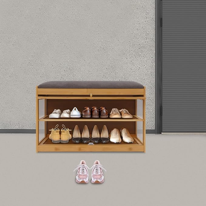 Eapmic Shoe Storage Bench, Entryway Shoe Rack Bench with Padded Seat Cushion, 2-Tier Shoe Cabinet, Bamboo Shoe Organizer for Hallway Bedroom Living Room Front Door (Burlywood, 27.56 * 12.6 * 16.53in)