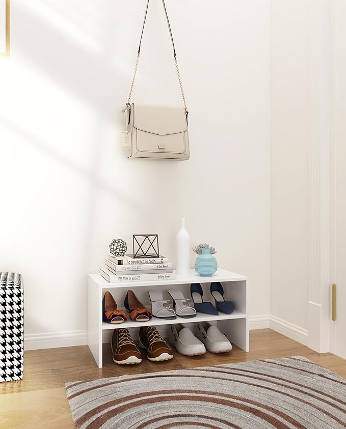 2-Tier Stackable White Shoe Rack, Wooden 2-Shelf Shoe Organizer Freestanding Shoe Storage Stand for 6-9 Pairs, Perfect for Closet, Entryway, Office Use - Modern White-NeatNest