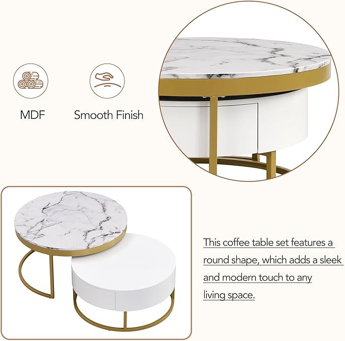 Modern Round Nesting Coffee Table with Drawers in White, Circle Coffee Tables for Living Room