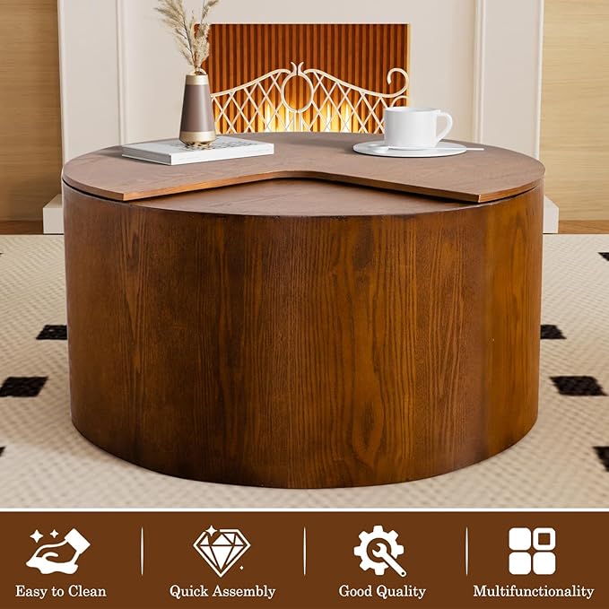 27.16" Round Coffee Table with Storage Modern Handcraft Drum Coffee Table Circle Wood Accent Center Table Small Side Table for Living Room Apartment, Small Space (Round Walnut)
