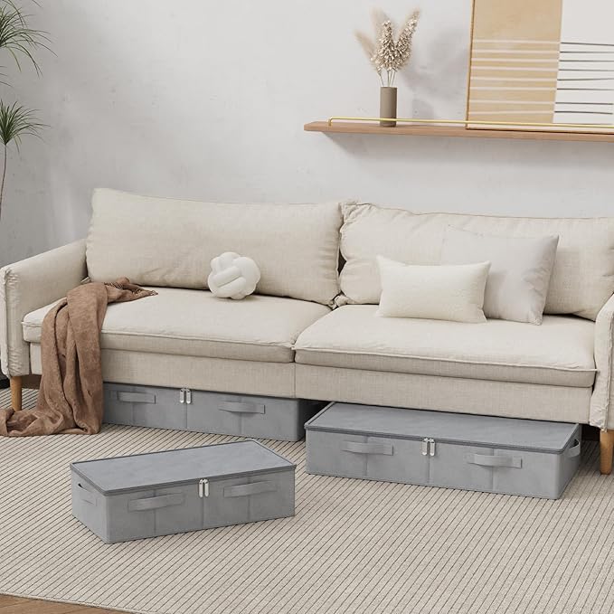 Underbed Storage Box, Foldable Under Bed Bins Container, Fabric Closet Organizer with Lid, for Clothes, Sheets, Blankets, 23.6x11.8x5.9in, Grey, 3 Pack-NeatNest