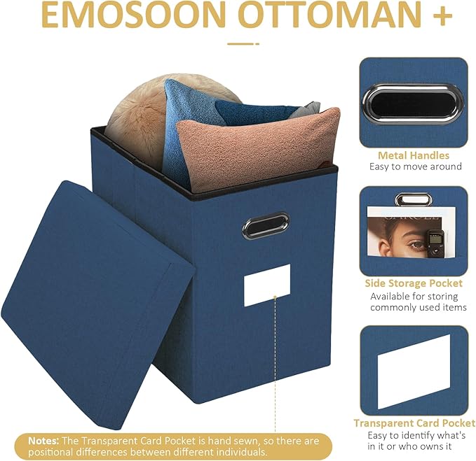 Tall Ottoman with Storage Collapsible Fabric Small Slim Folding Ottoman Furniture with Handles Lid for Room Footrest Foot Stool Linen Navy Blue 16.5x16.5x11.8in