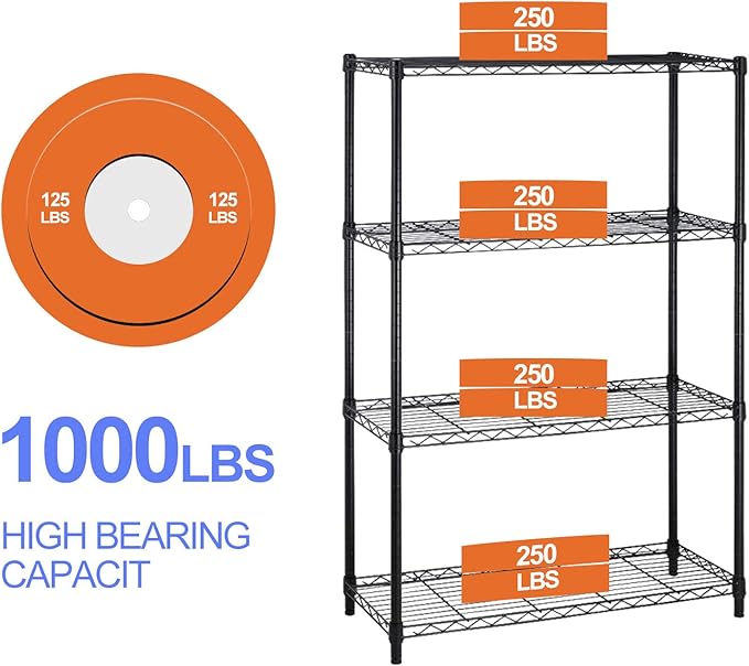 Heavy Duty Metal Storage Shelves - 4 Tier Wire Shelf with Wheels, 36" L x 14" W x 54" H, Adjustable Layer Rack, 1000 LBS, Black