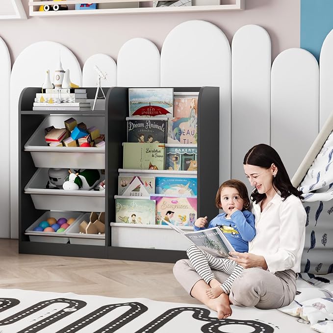 Black Kids Wood Bookshelf Toy Storage Box Organizer Shelf W/4 Removable Plastic Toy Bins Children Bookcase Toddler Baby Sling Book Rack Cabinet Chest Girl Boy Gift Playroom Classroom Bedroom Nursery-NeatNest