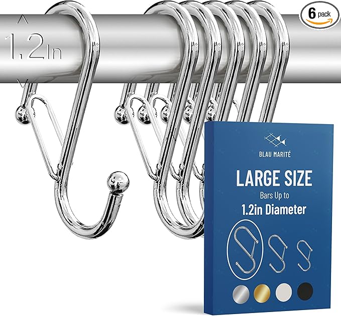 6-Pack Metal S Hooks for Hanging – Heavy-Duty S-Shaped Hook with Safety Buckle – Fits Bars up to 1.2 in – Anti-Drop S-Hooks for Closet, Wardrobes & Storage – Silver (Large)-NeatNest