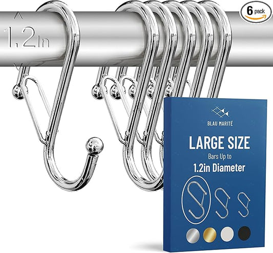 6-Pack Metal S Hooks for Hanging – Heavy-Duty S-Shaped Hook with Safety Buckle – Fits Bars up to 1.2 in – Anti-Drop S-Hooks for Closet, Wardrobes & Storage – Silver (Large)-NeatNest