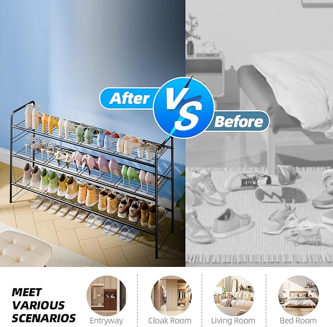 3 Tier Shoe Rack for Closet, 46.5 Inch Extra Long Shoe Storage Organizer for Shelves, Heavy Duty Metal, Easy Assembly, Black-NeatNest