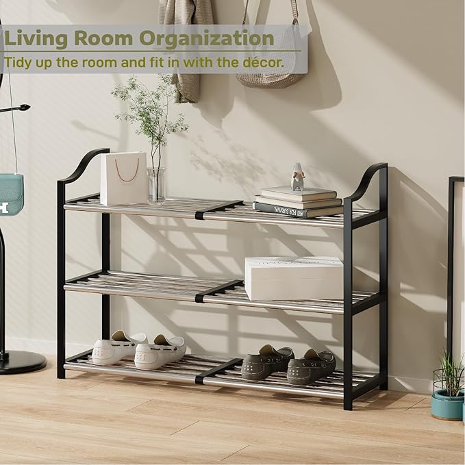 3-Tier Shoe Rack Expandable Shoe Rack for Closet Small Shoe Storage Rack for Entryway Adjustable Shoe Shelf for Small Space, Metal Shoe Organizer for Garage, Front Door Entrance