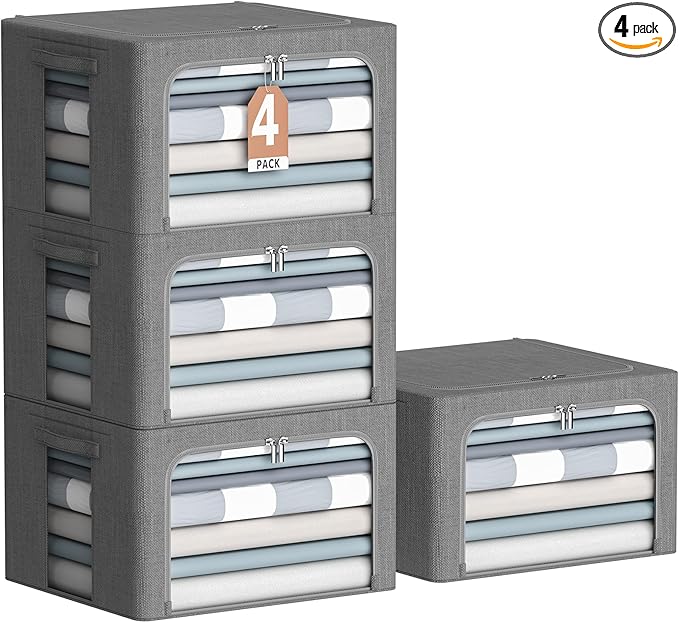 4 Pack Clothes Storage Bins with Metal Frame - Linen Fabric Foldable Stackable Container Organizer Set with Clear Window & Carry Handles & Zippers (Dark Gray, 15.7"x11.8"x7.8")-NeatNest