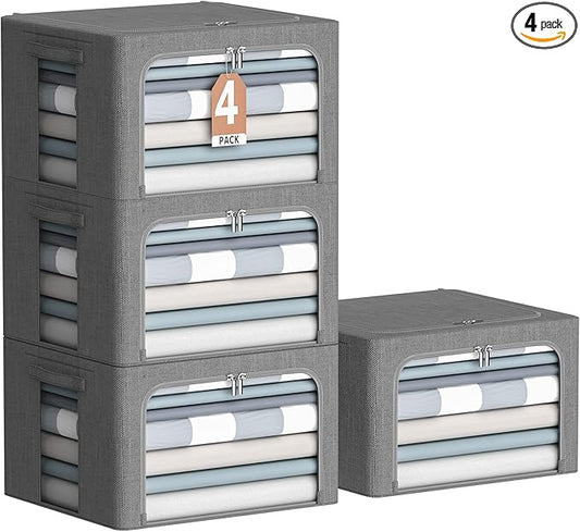 4 Pack Clothes Storage Bins with Metal Frame - Linen Fabric Foldable Stackable Container Organizer Set with Clear Window & Carry Handles & Zippers (Dark Gray, 15.7"x11.8"x7.8")-NeatNest