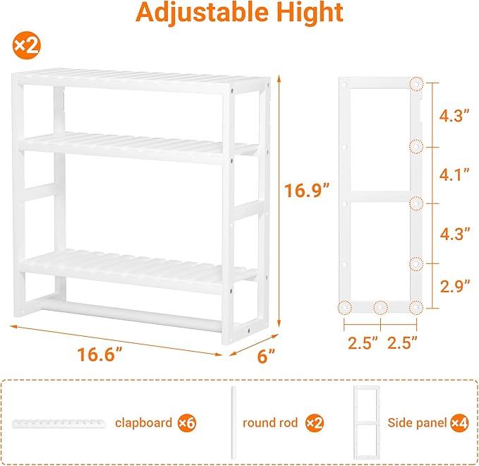 PPN Towel Rack Bathroom Storage Shelves Over The Toilet with Towel Bar 100% Bamboo Adjustable Height Floating Shelf Wall Shower Shelf for Small Space Bathroom Kitchen Multi Usage White New 2Pack