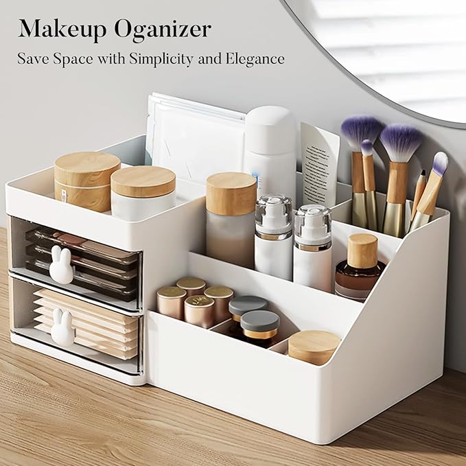 Makeup Organizer, Cosmetic Desk Storage Box with Drawers Skincare Organizers for Dressing Table, Countertop, Bathroom Counter, Vanity Holder for Brushes, Lotions, Lipstick, Perfume (White-Clear)-NeatNest