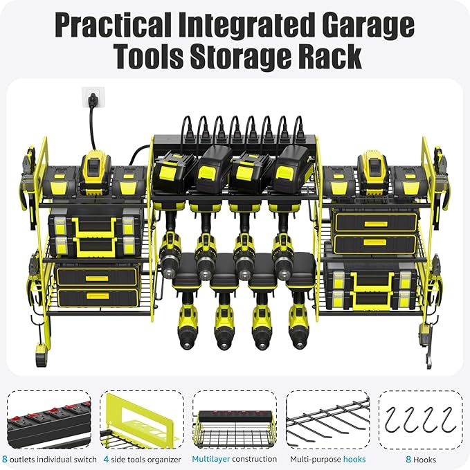 CCCEI Green Power Tool Organizer Wall Mount, Large Tools and Battery Storage Rack Charging Station Individual Switches. Drills Holder, Garage Utility Shelves with 6FT Power Strip. Gift for Men.-NeatNest