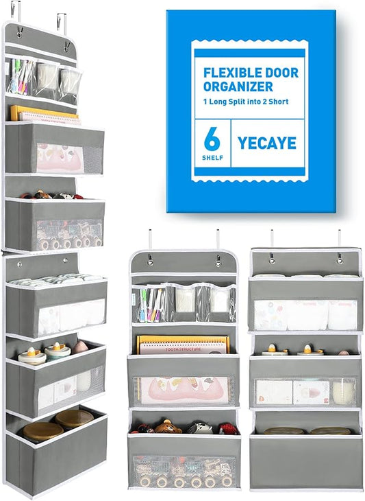 Yecaye 6-Tier Over the Door Storage Organizer, Flexible 1 Split into 2 Swing-proof Hanging Bathroom Storage Organization, Bedroom Organizer and Storage for Newborn Baby Essentials, Grey-NeatNest