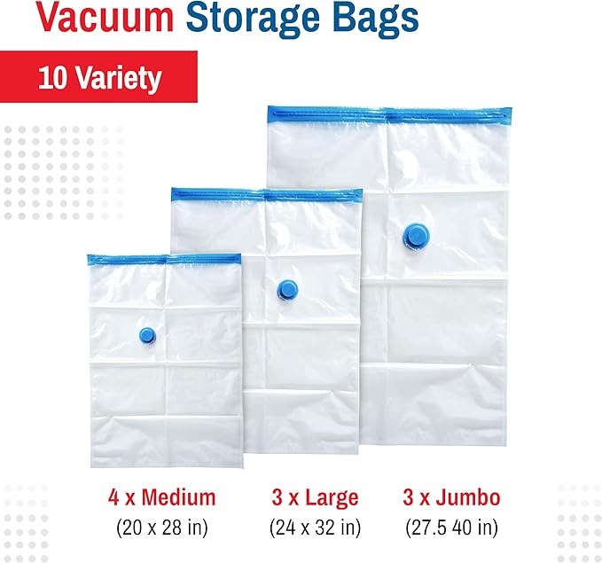 10 Pack Variety Vacuum Storage Bags for Comforters, Blankets & Clothes – Vacuum Sealed Compression Bags with Electric Pump – Space Saver Storage Bags for Bedding, Travel & Organization (4M, 3L, 3XL)-NeatNest