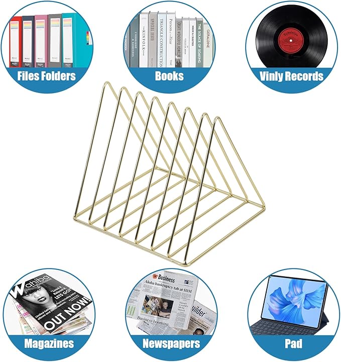 COSYAWN 7 Slot Vinyl Record Holder Storage, Anti-Rust Metal Magazine Album Display Rack Desktop File Organizer, Triangle Paper Letter Newspaper Sorter Stand for Home Office, Gold