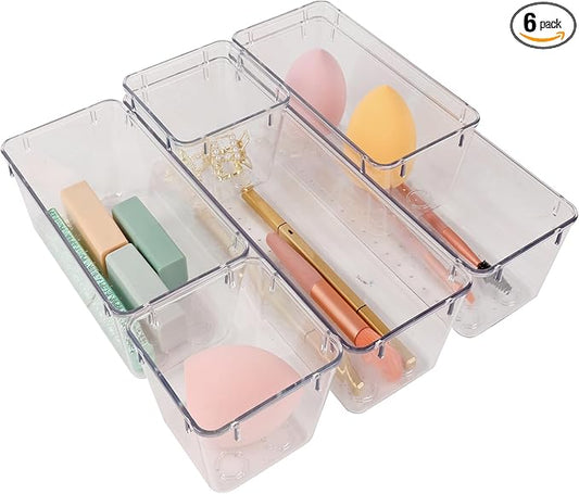 6 Pack Clear Drawer Organizer Set,Desk Drawer Storage Tray,Vanity Organizer Storage Bins Containers-NeatNest