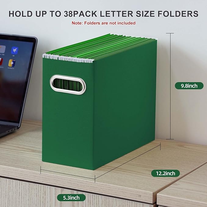 Oterri File Organizer, 4 Packs Small Storage Box, Cardboard File Folder Organizer, Collapsible File Box for Hanging File Folders Letter Size, Portable Filing Organizer with Handle (Dark Green)
