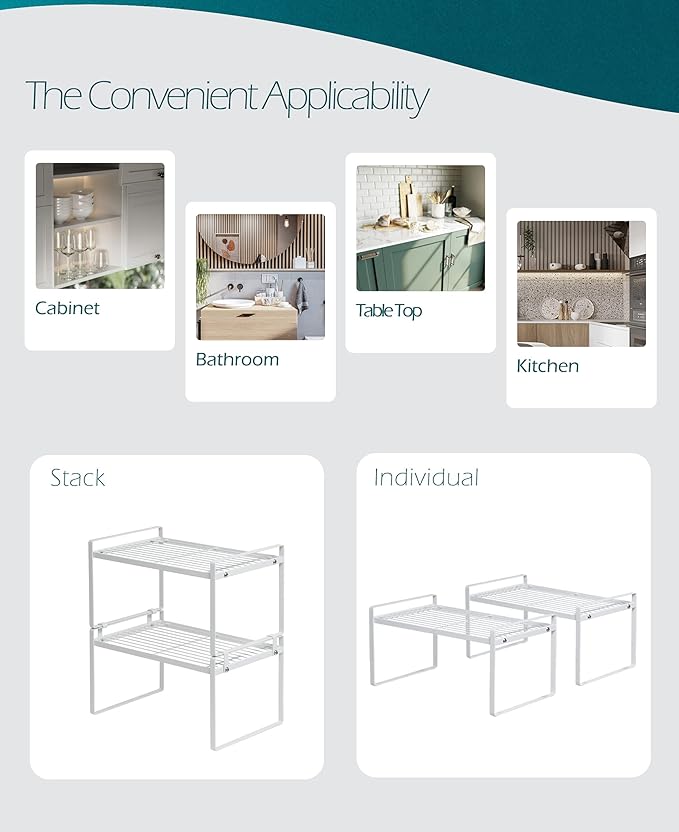 2 Pack Kitchen Cabinet Shelf Counter Organizer Rack Pantry Storage Bathroom Bedroom Office Table Desk Space Saving Steel Frame Stackable Rust Resistant Non Slip White-NeatNest