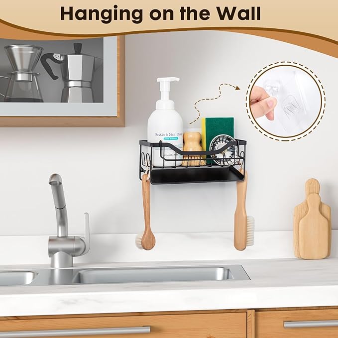 Sponge Holder for Kitchen Sink - Sink Caddy Organizer with Auto Drain Tray, Detachable Towel Rack, Stainless Steel Kitchen Counter Organizer Rack, Black-NeatNest