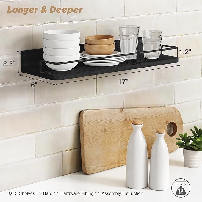 Forbena Black Floating Shelves for Wall, Bahtroom Wall Shelves Over Toilet, Rustic Hanging Shelf with Lip Rail for Bedroom Kitchen Office Living Room Picture Photo Decor, 17 Inch Long-Set of 3-NeatNest