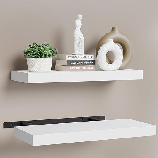 BATODA Set of 2 17" White Floating Shelves Wall Mounted for Bathroom – Wooden Decorative Wall Bookshelf - Storage Shelf Organizer for Home, Bedroom, Kitchen - Black Bracket, Shelving Mounting Included-NeatNest
