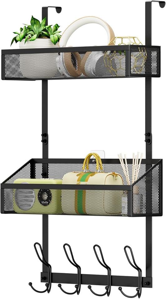 Over The Door Hooks Organizer, Over The Door Towel Rack Back of Door Storage Organizer with 12 Hooks & 2 Mesh Baskets Door Hanger Organizer for Bathroom,Kitchen,Bedroom(Black)