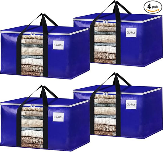 BlissTotes 4 Pack Moving Bags with Clear Window, Storage Bags with Strong Carrying Handles & Zippers,Large Packing Bags for Saving Space, Alternative to Moving Boxes(Blue,20 Gallon)-NeatNest