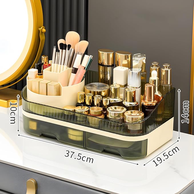 Makeup Organizer Countertop - Dual Drawer Cosmetic Storage with Spacious Compartments for Vanity, Holds 20 Brushes, 12 Lipsticks, 10 Skincare Bottles, Chic Modern Design