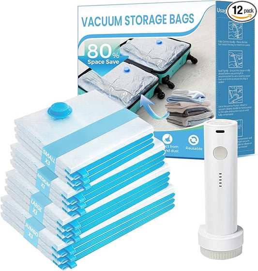 Vacuum Seal Bags for Clothing Travel, 12 Pack Vacuum Storage Bags for Clothes with Portable Electric Pump, Space Saver Bags for Luggage Traveling and Clothing-NeatNest