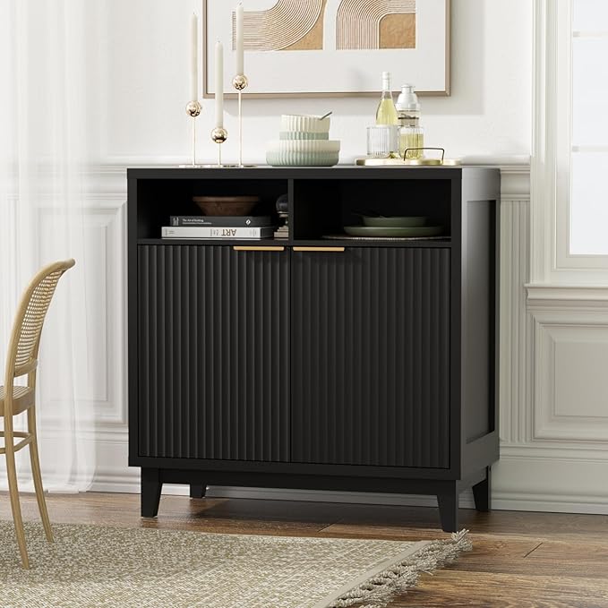 Buffet Cabinet with Storage - Elegant Fluted Storage Cabinet with Adjustable Shelves and Solid Wood Leg, Modern Buffet Sideboard for Living Room, Dining Room, Entryway-NeatNest